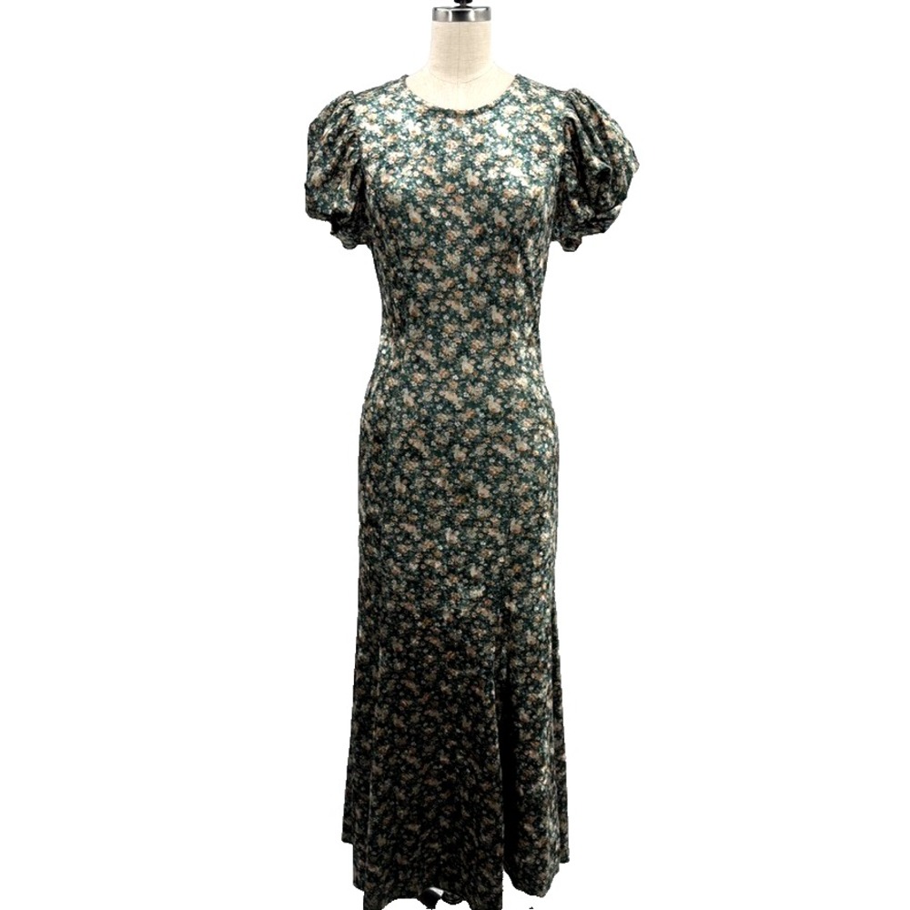 MABLE Dress Small Green Floral Velvet Puff Sleeve Midi Cottagecore Romantic - Picture 4 of 13